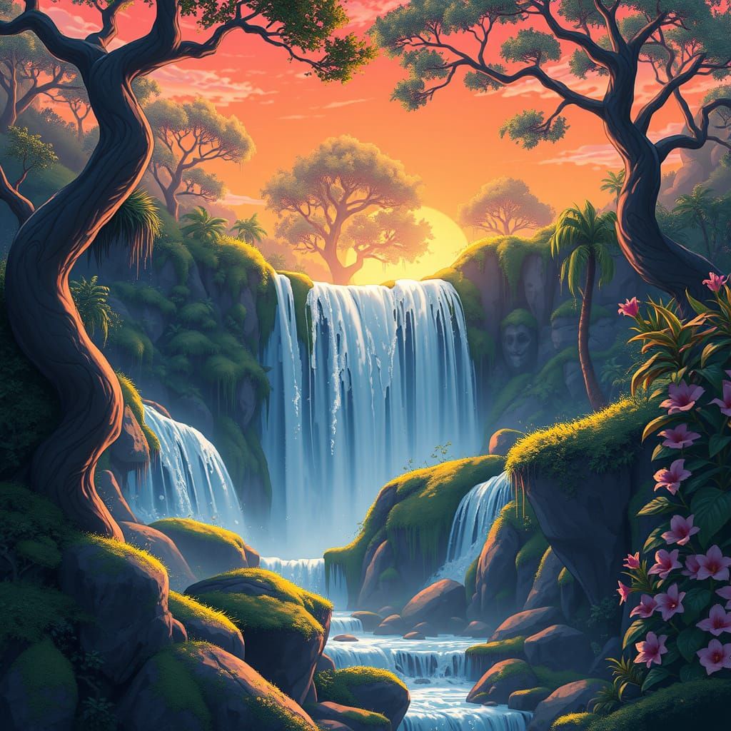Surreal Waterfall Landscape in Anime Key Visual Style