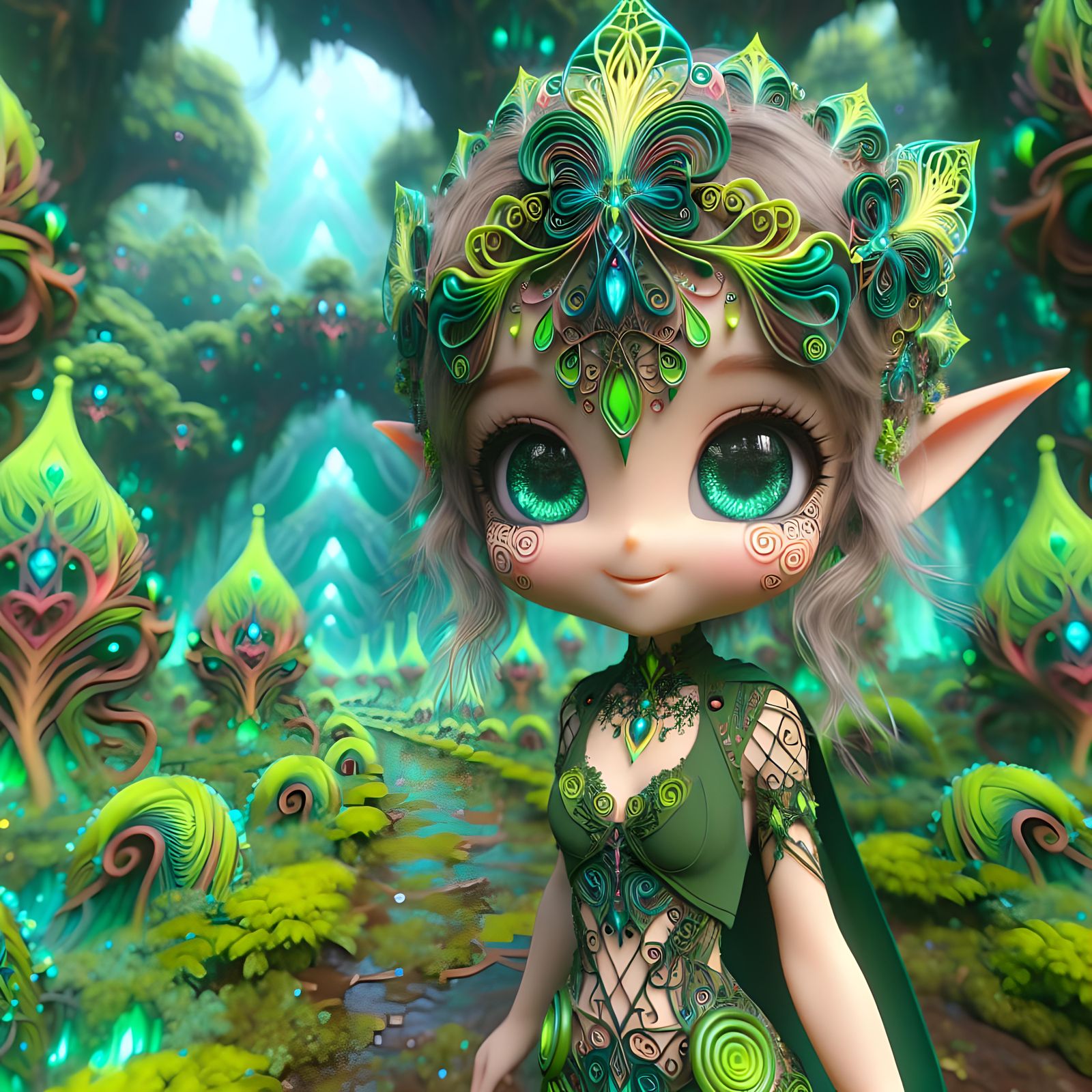 Chibi Half-Elf in Magical Jungle, 3D Render