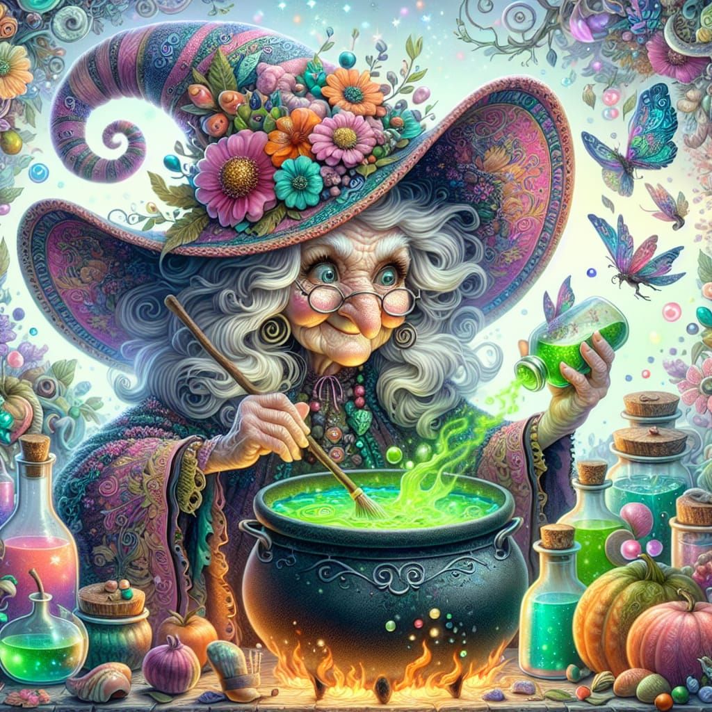 Whimsical Witch Stirring Potion in Enchanted Setting
