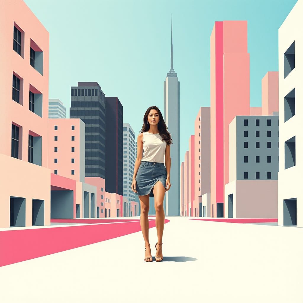 Vibrant Brutalist Cityscape with Neo-Cubist Influences