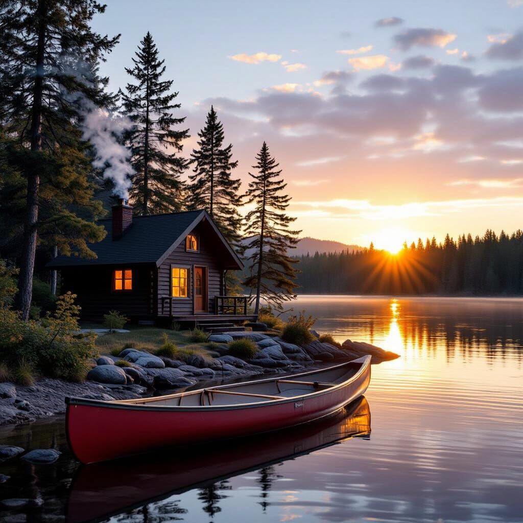 Cozy Cabin by Lake at Sunset: Realistic Nature Photography
