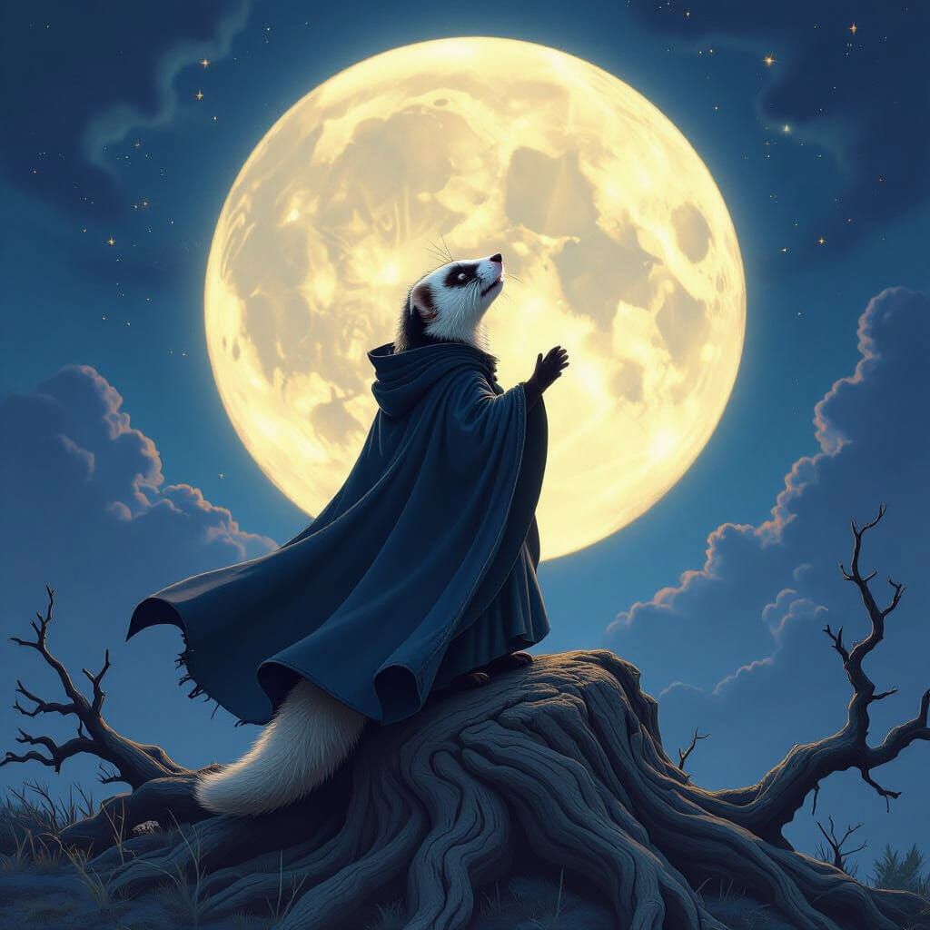 Ferret Howling at Moon on Ancient Tree Root