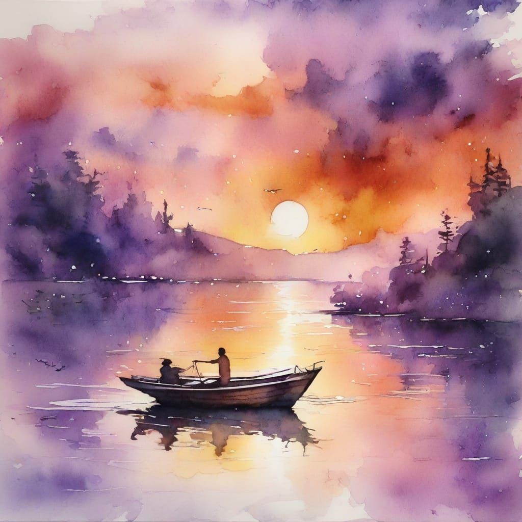 Whimsical Sunset Lake Scene in Vibrant Watercolour