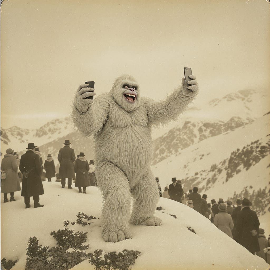 Yeti Selfie in Sepia Tone: A Nostalgic Mountain Scene