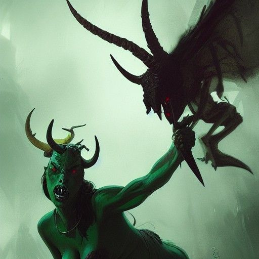 Sinister Green Horned Demon in Dark Fantasy Style