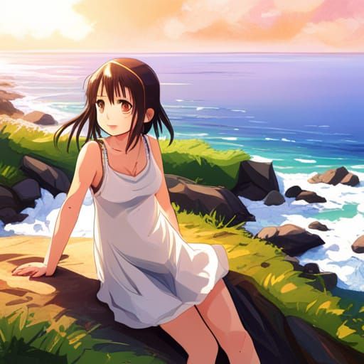 Anime Girl on Beach in Ghibli Style