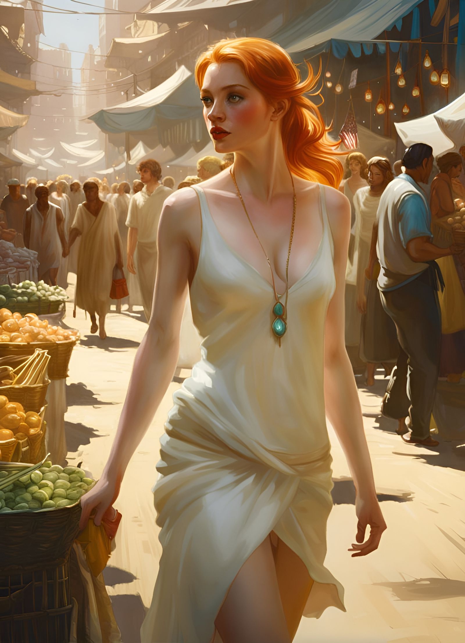 Ginger Woman in Market: Hyperrealistic Digital Art