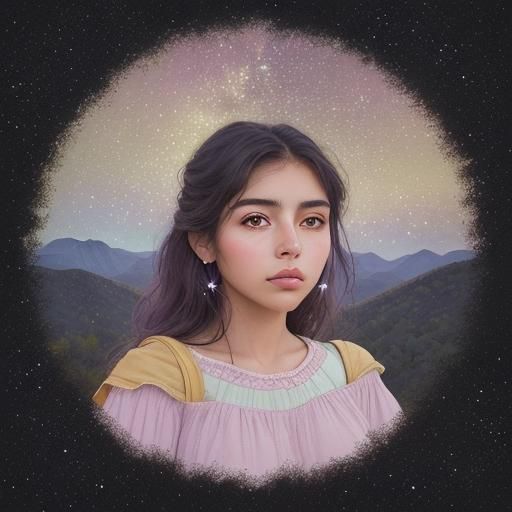 Mexican Woman Hiking Under Starry Sky in Pastel Colors