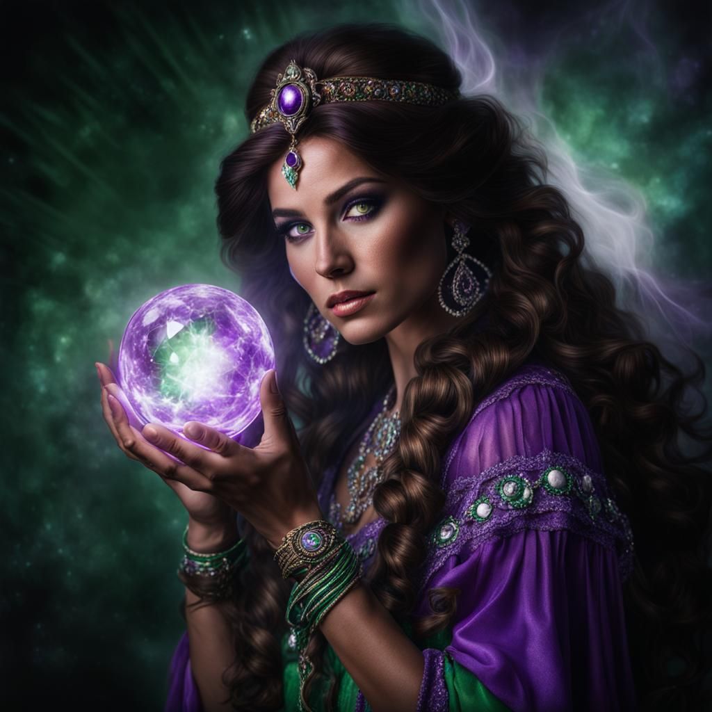 Enchantress Esmeralda with Magical Orb, Digital Art