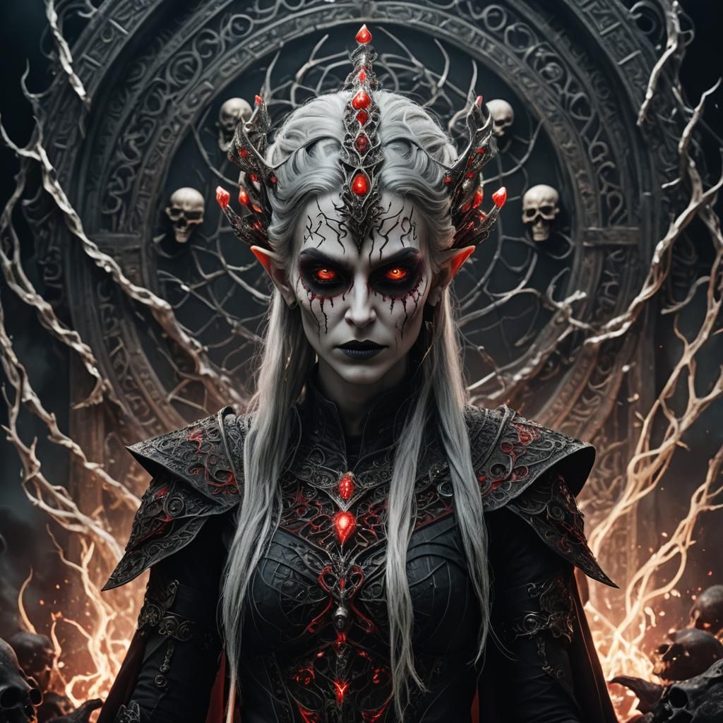 Dark Elf Pythia with Red Eyes and Skulls