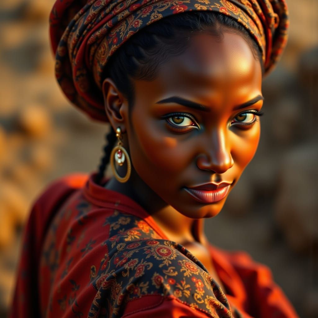 African Woman in Red and Black Dress, Monet Style