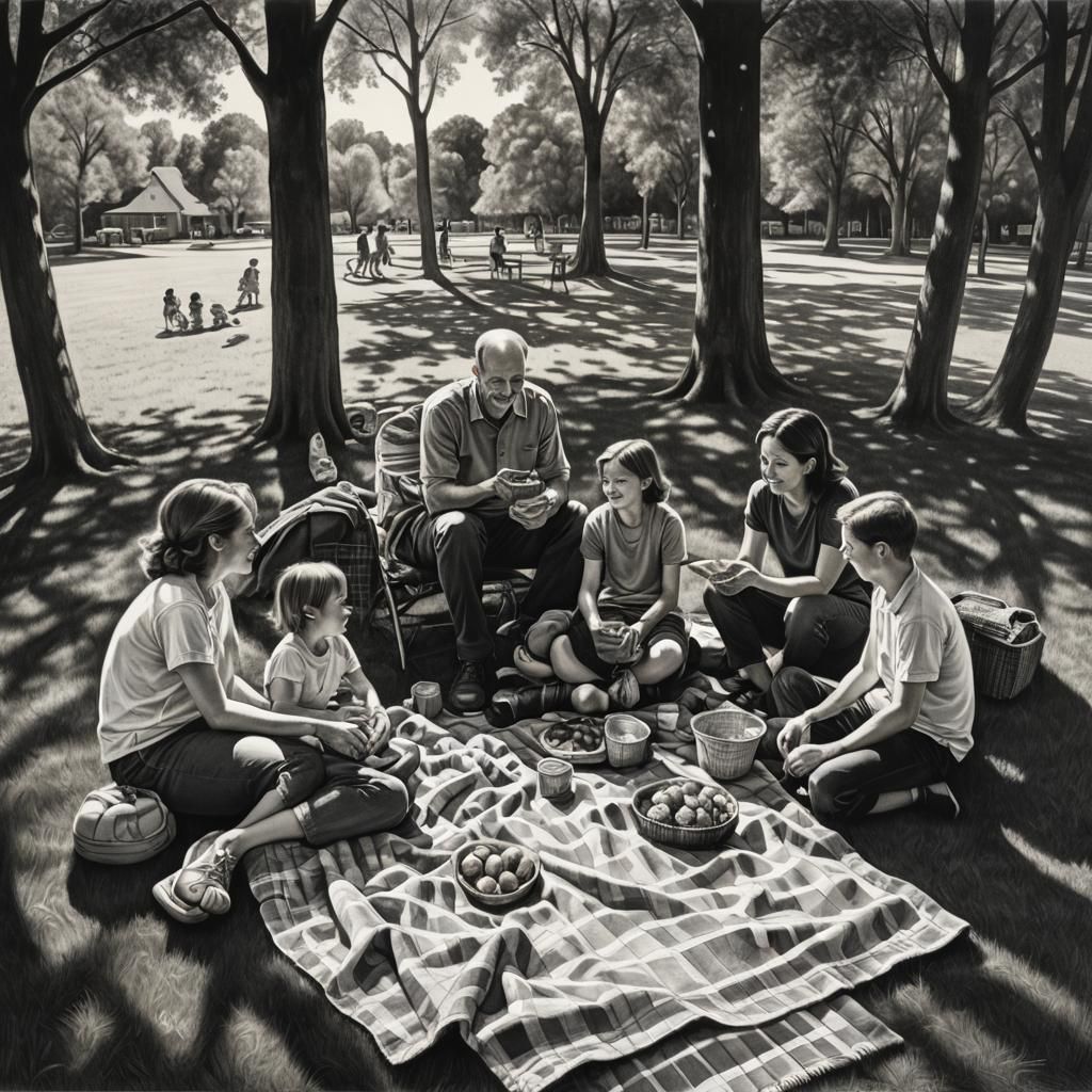 Family Celebrates New Child: Hyperdetailed Charcoal Drawing