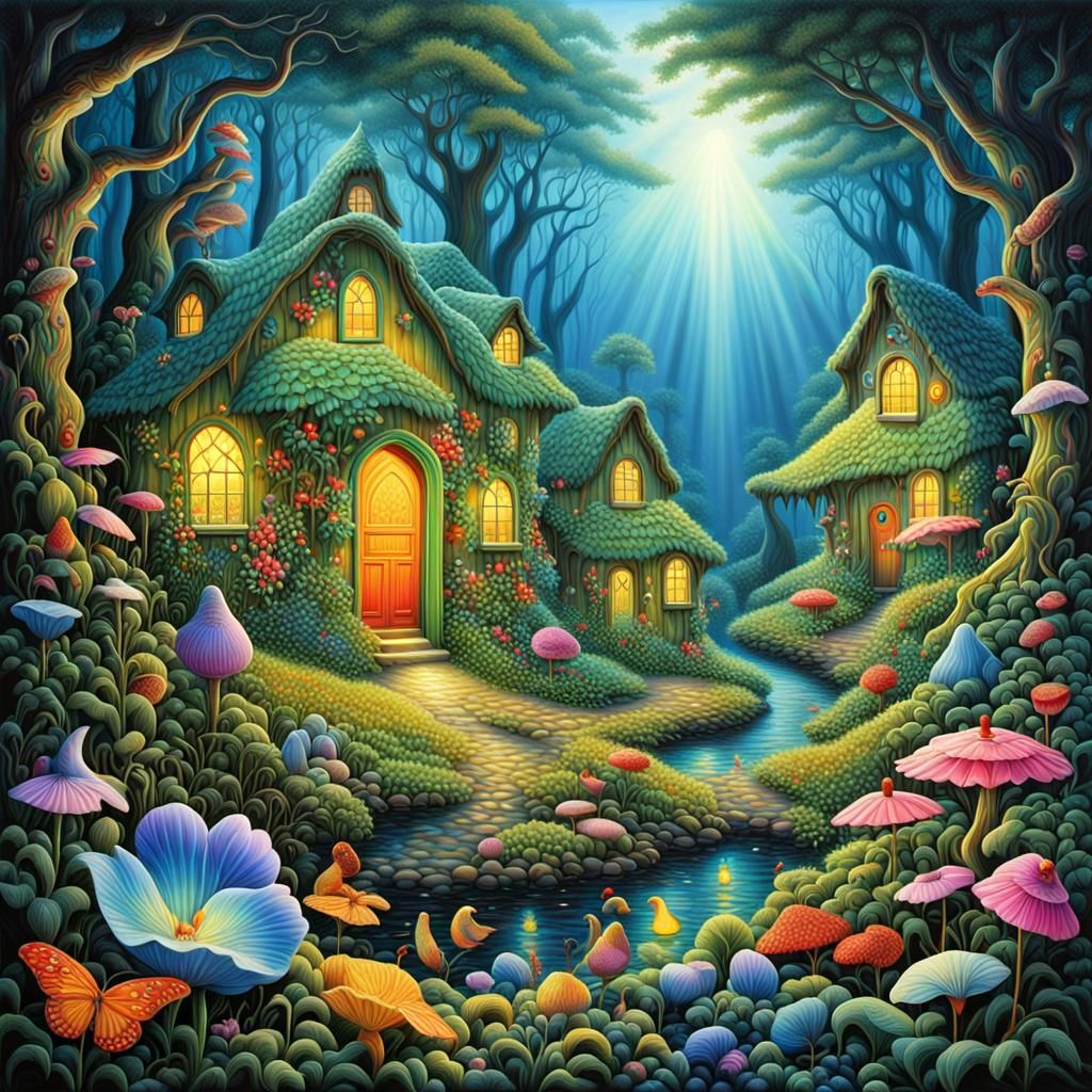 Magical Forest Cottages by Alan Aldridge, Photorealistic