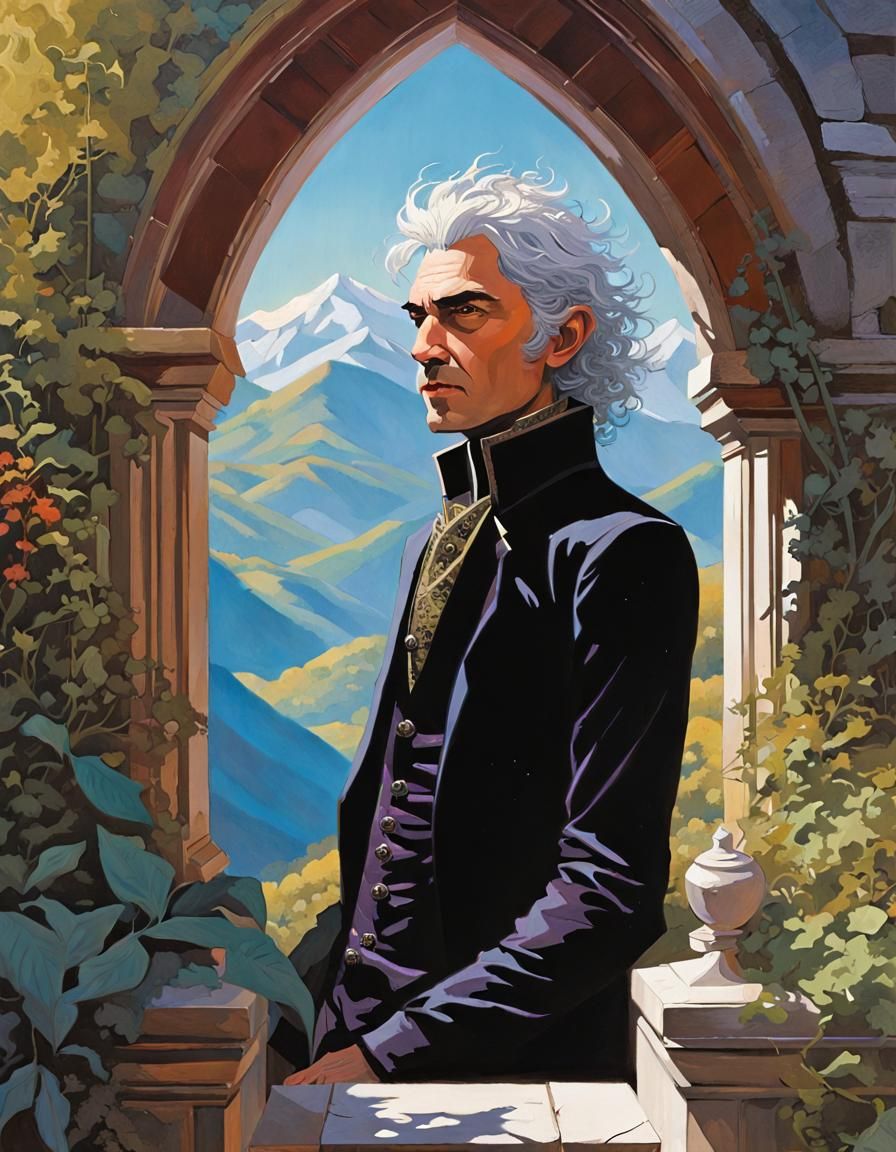 Gothic Elf Portrait with Cat in Expressionist Style