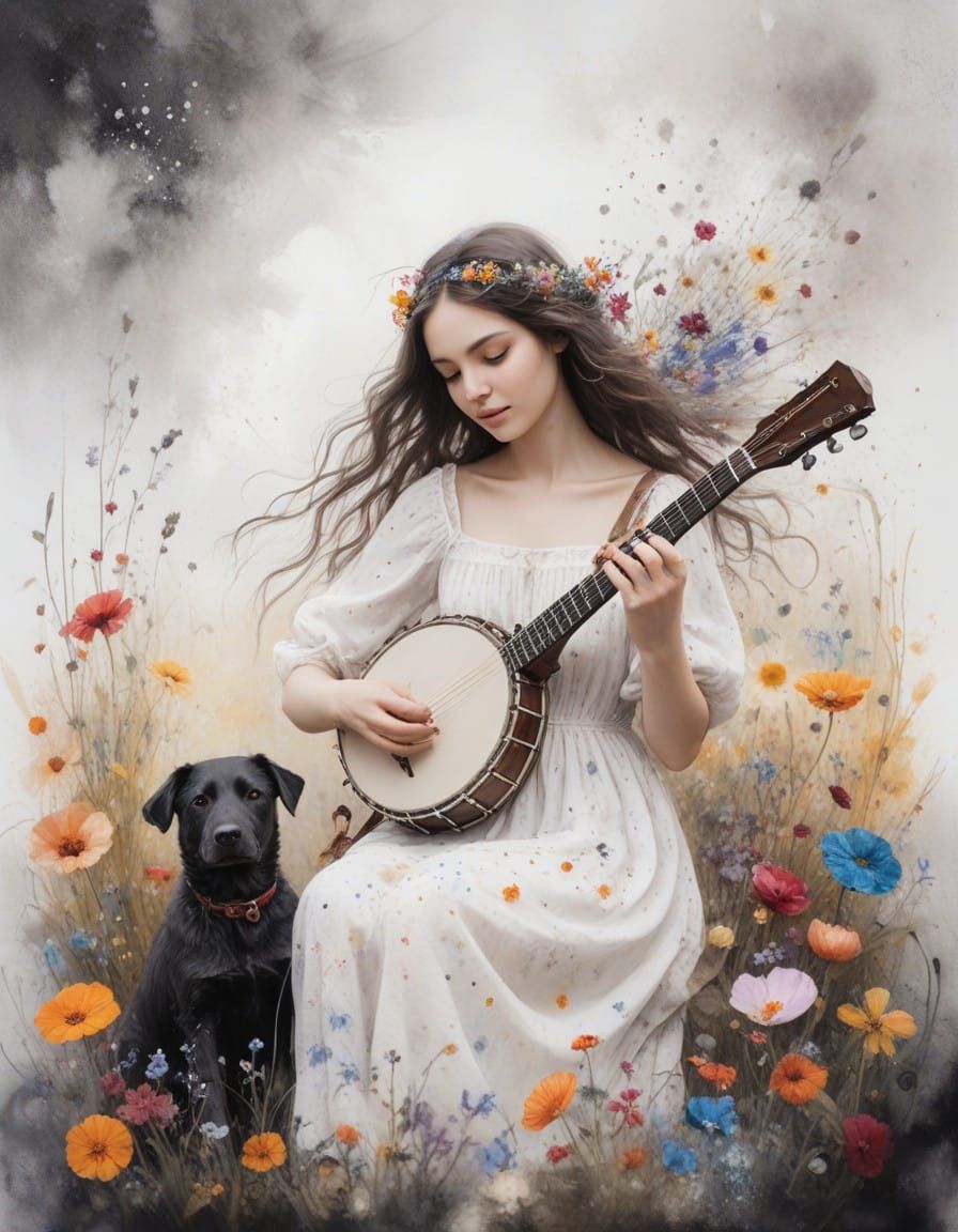 Whimsical Banjo Player in Enchanted Meadow