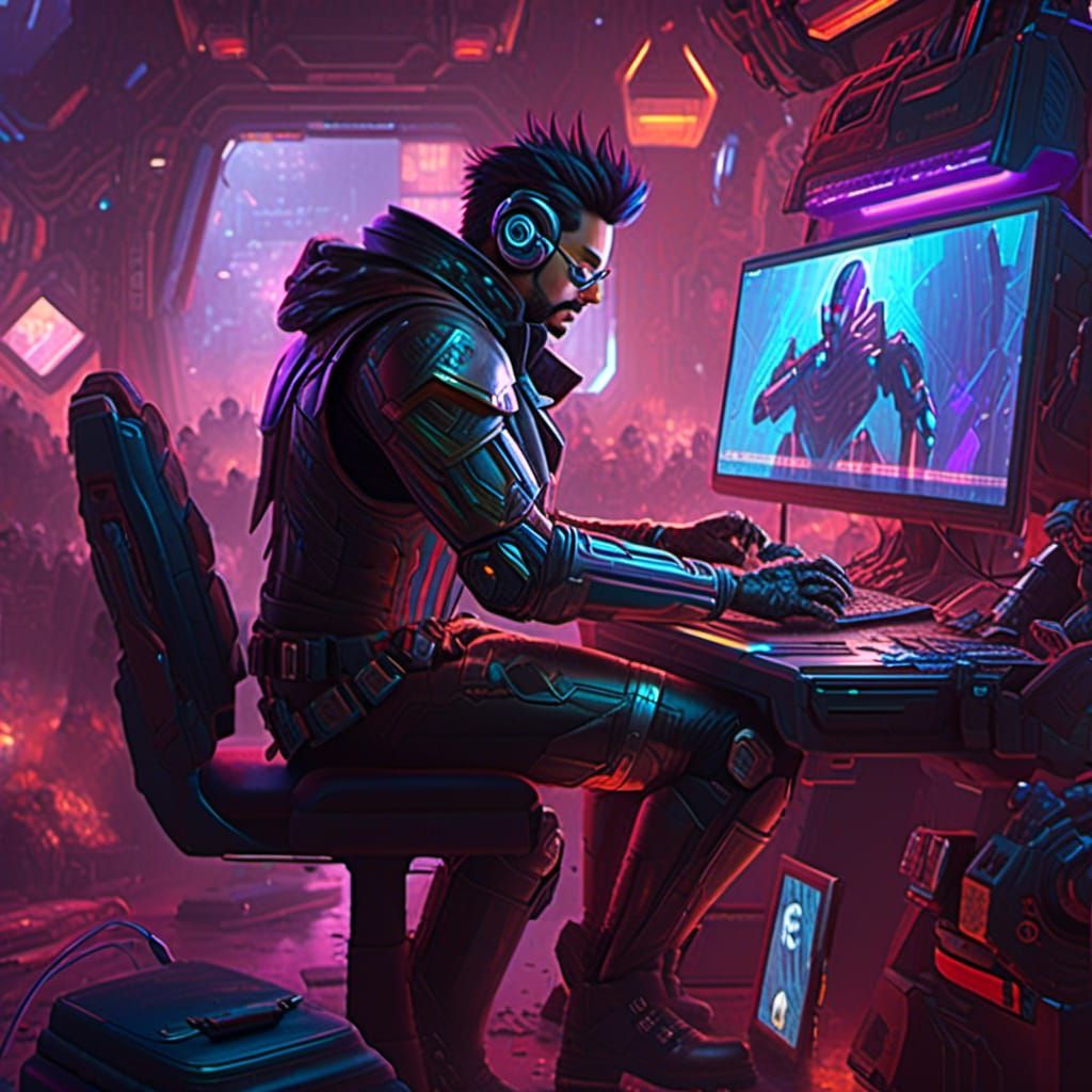 Cyberpunk Man Working on Laptop in Futuristic Style