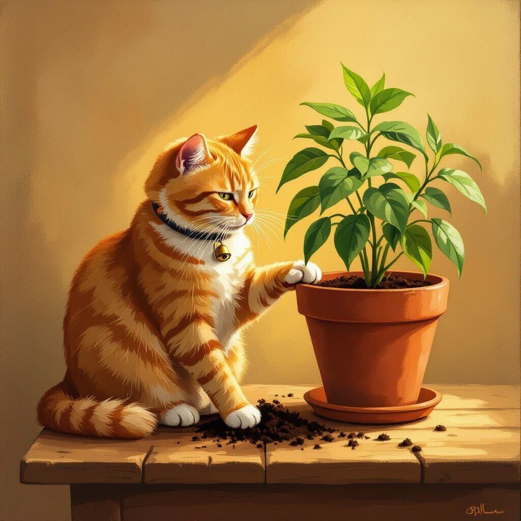 Ginger Cat Investigates Potted Plant: Naive Art Style