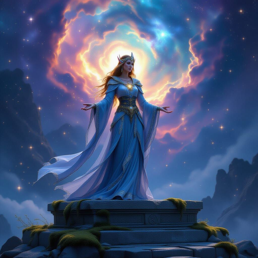 Celestial Elven Priestess on Ancient Altar with Nebula