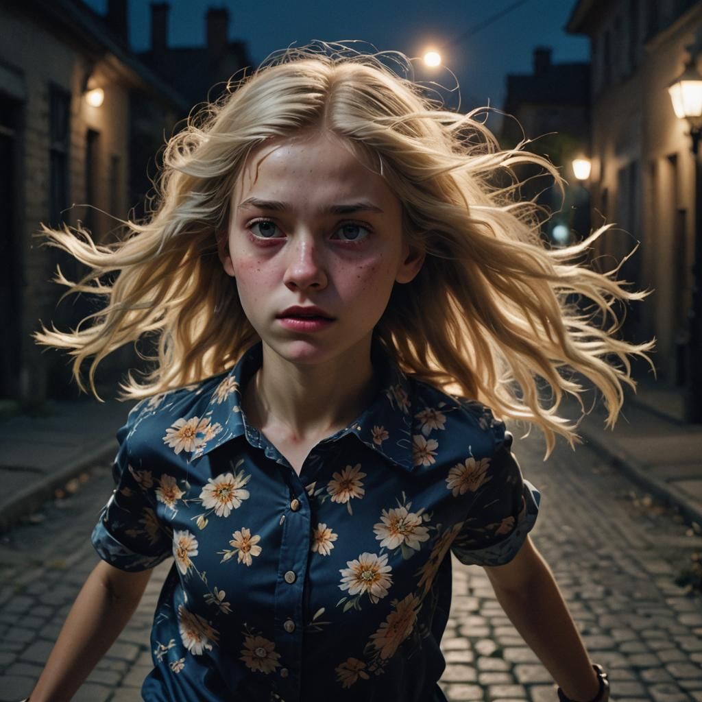 Girl Runs on Dark Street: Vivid Digital Portrait