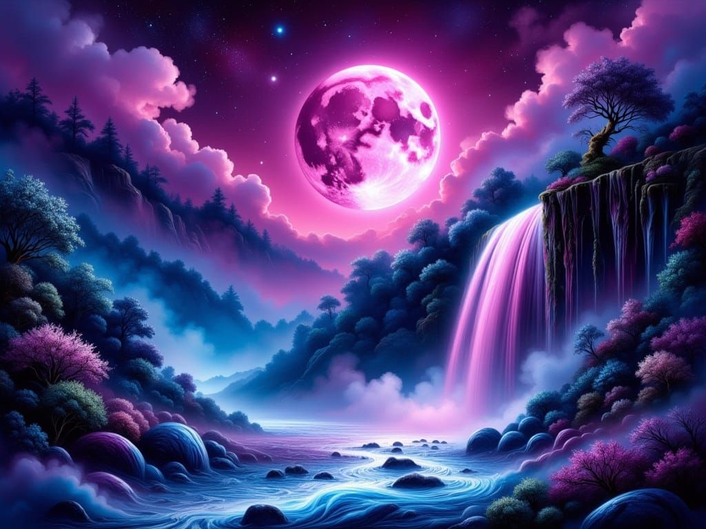 Magenta Moonlit Waterfall in Deep Purple Twilight