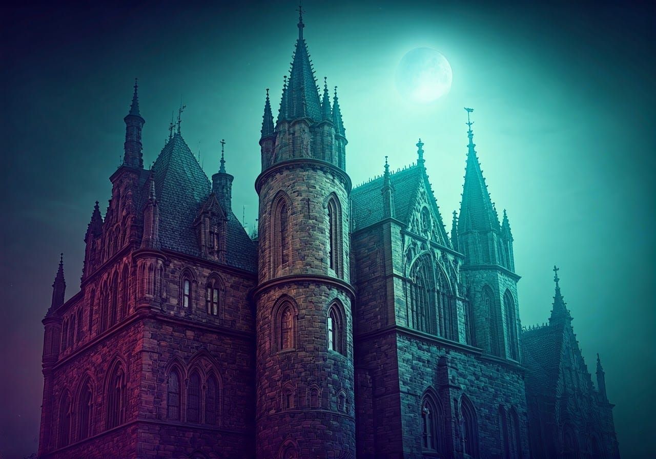 Mystical Gothic Castle in Moonlight with Cat