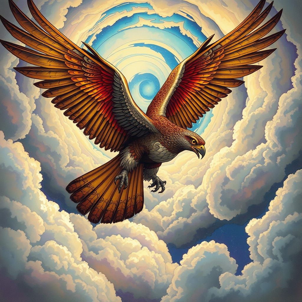 Ethereal Falcon Warrior Soars Amidst Vibrant, Dreamlike Auro...