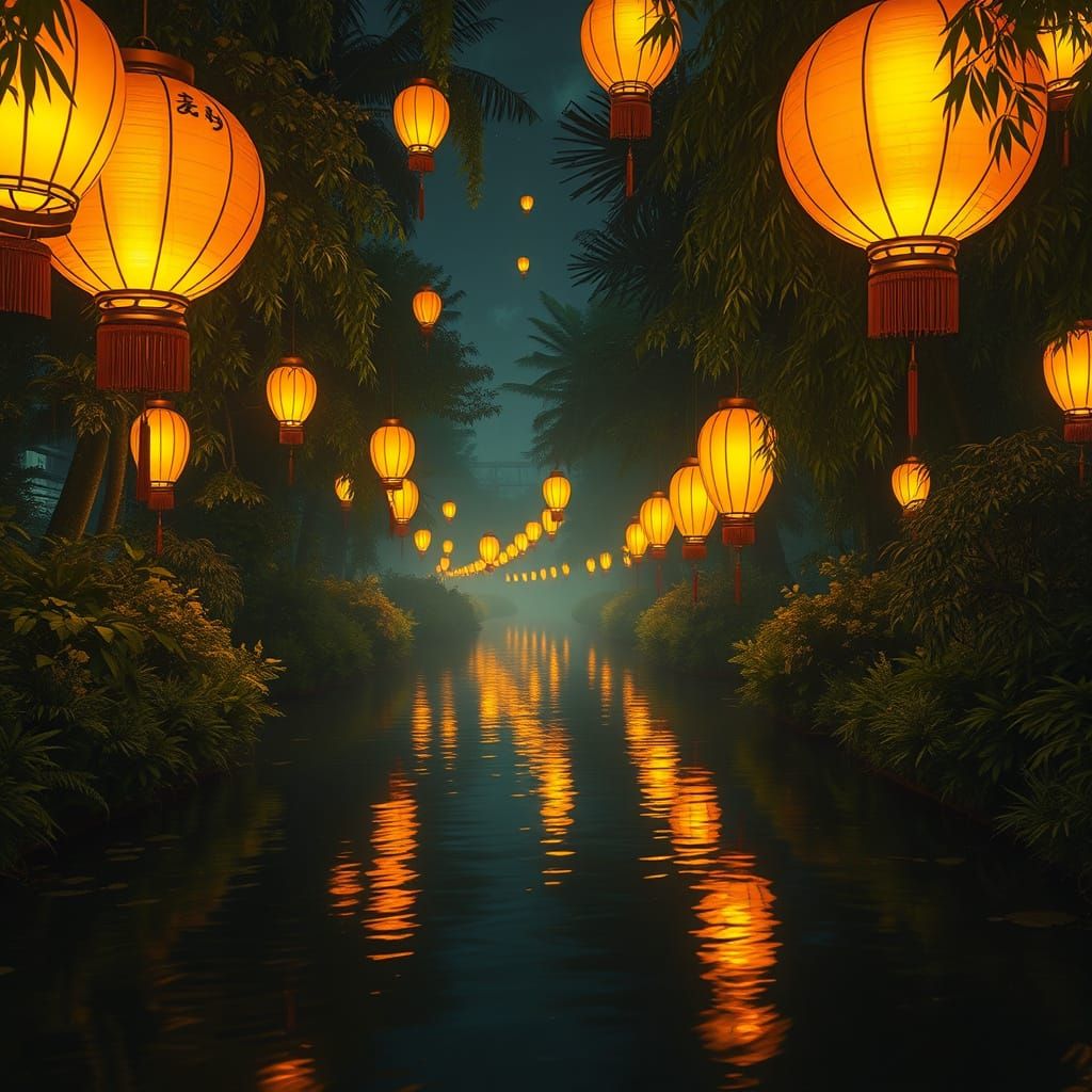 Lanterns on River at Night in Digital Art Style