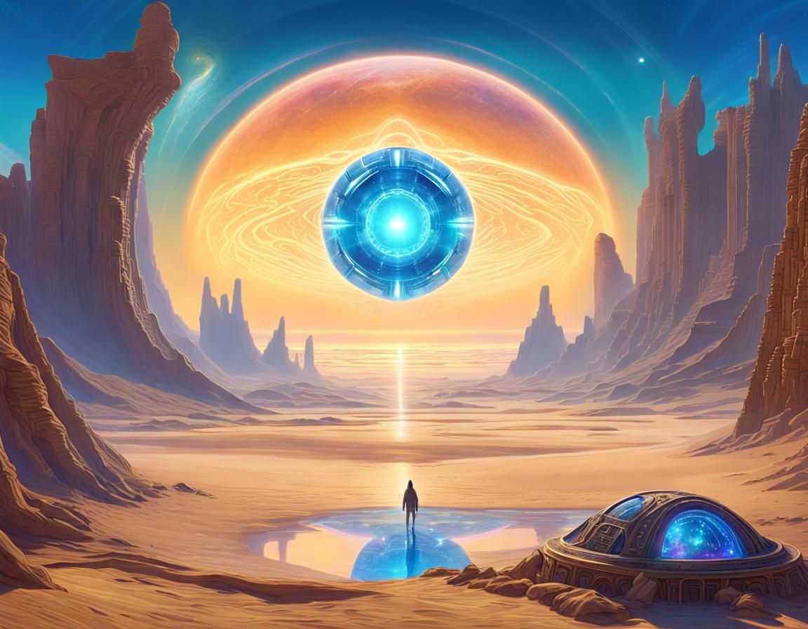 Cosmic Time Portal in Alien Desert Landscape