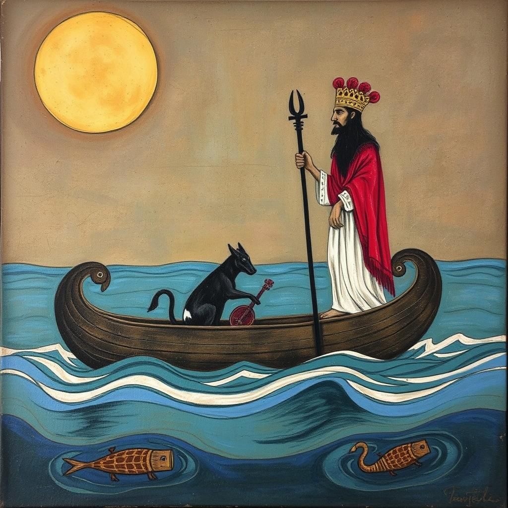 Soul's Journey Across the Underworld in Folk Art Style