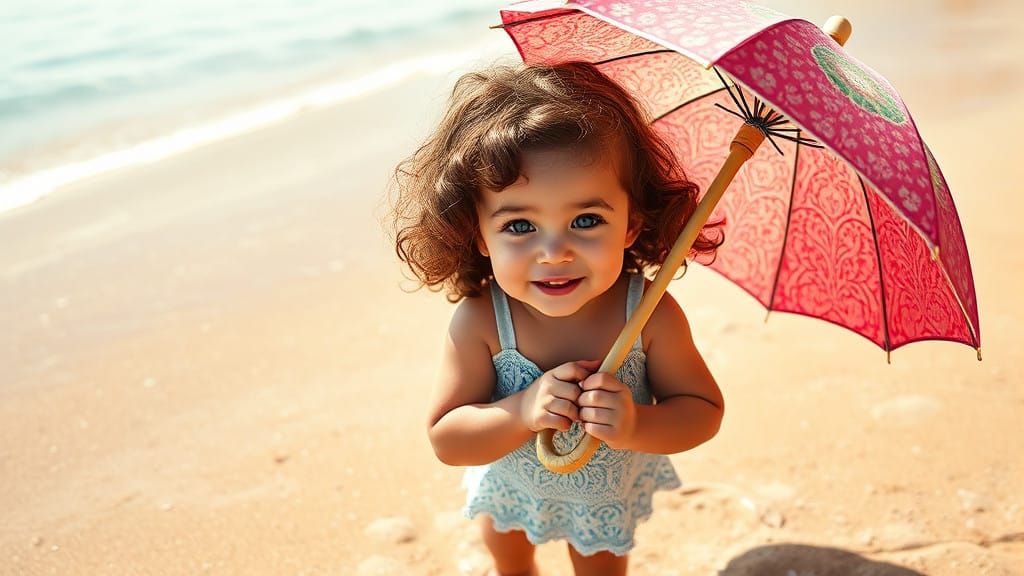 Serene Beach Scene with Curly-Haired Girl and Vintage Umbrel...