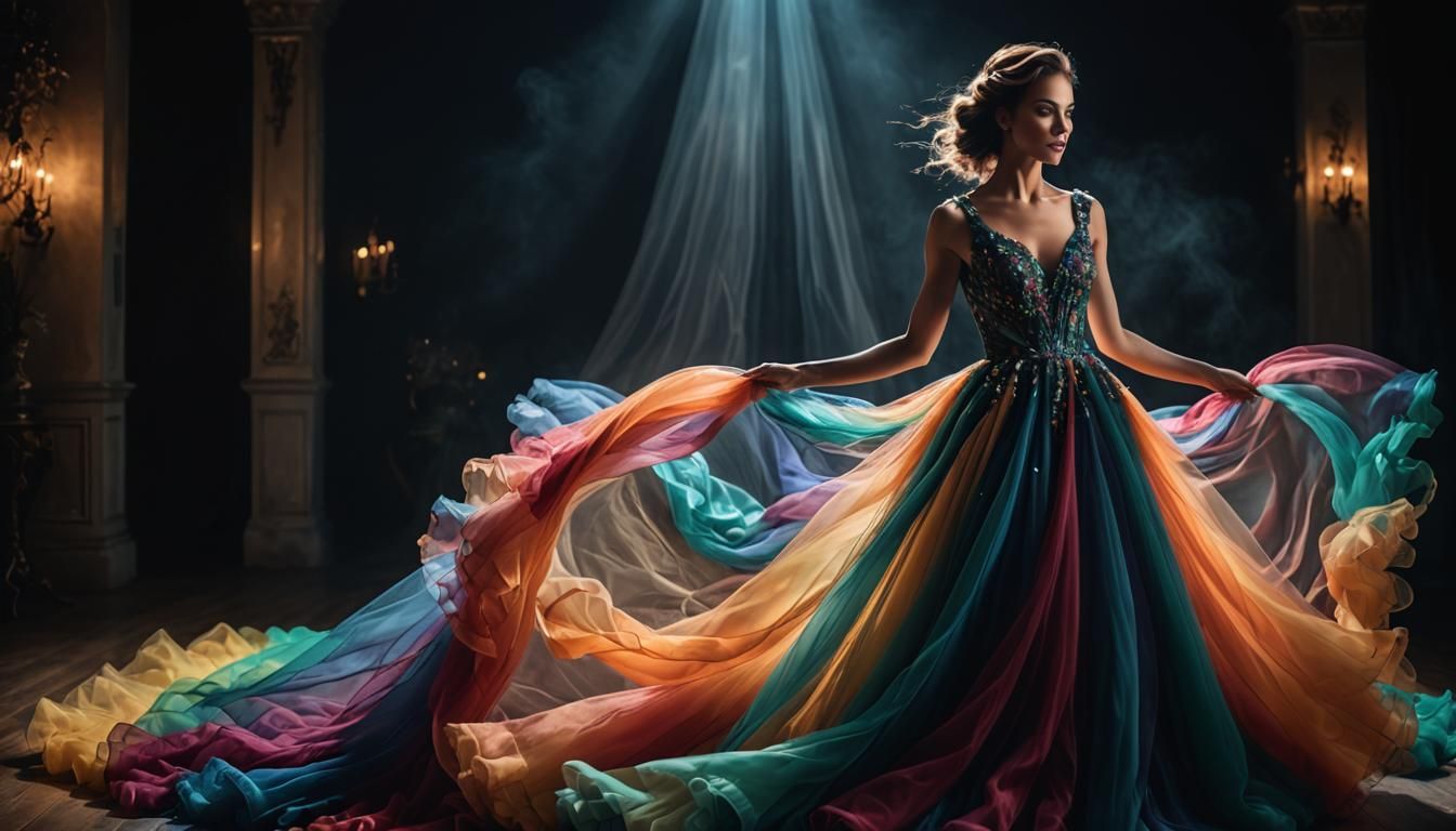 Woman in Flowing Multicolored Tulle Gown