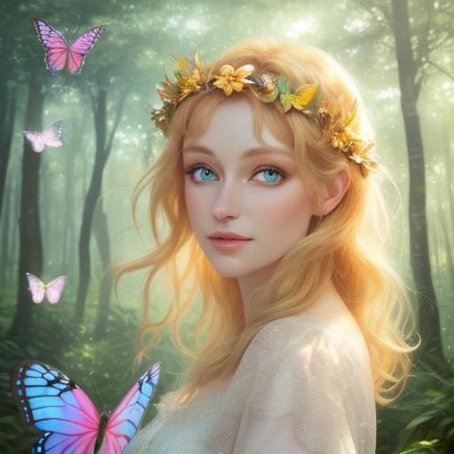 Girl and Butterflies in Enchanted Forest
