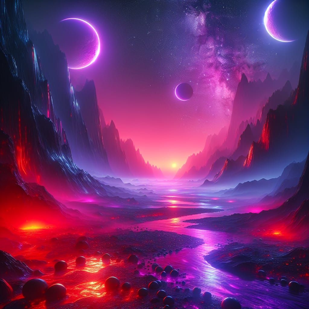 Alien Valley with Neon Moons and Molten River