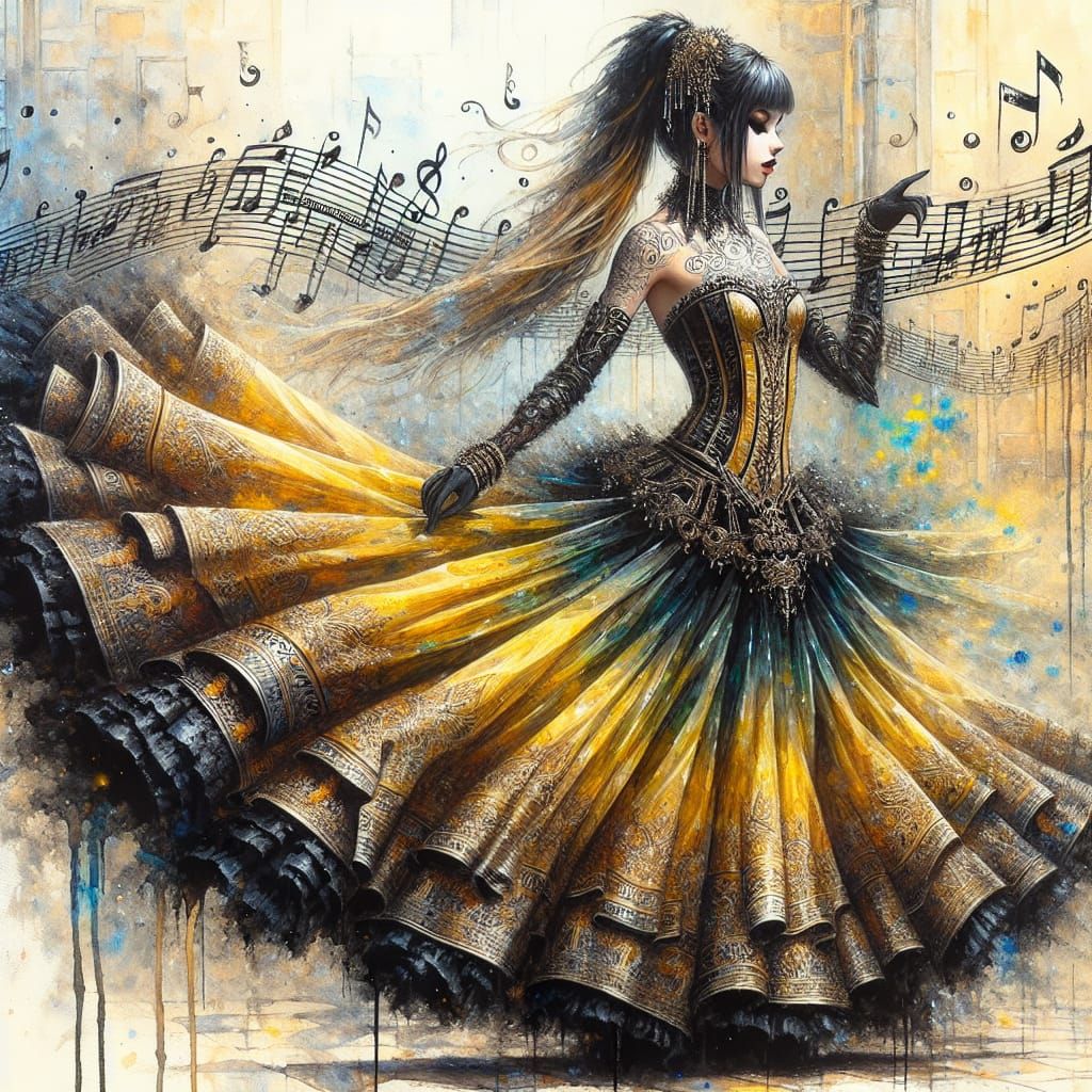 Goth Punk Woman in Cyberpunk Gown with Musical Notes