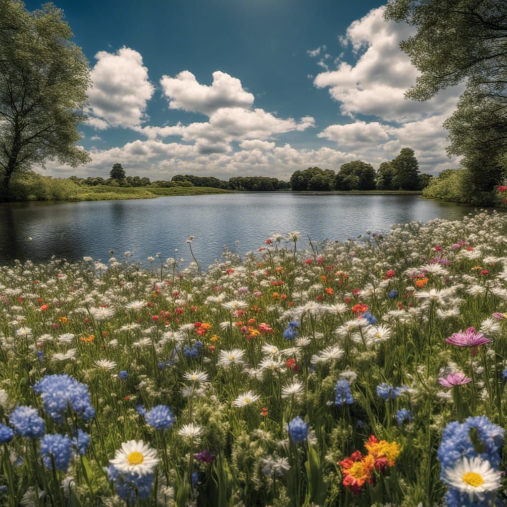 Hyperrealistic Flower Field with Lake and Blue Sky