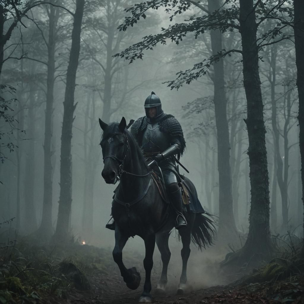 Knight Rides Through Misty Forest: Cinematic Film Still