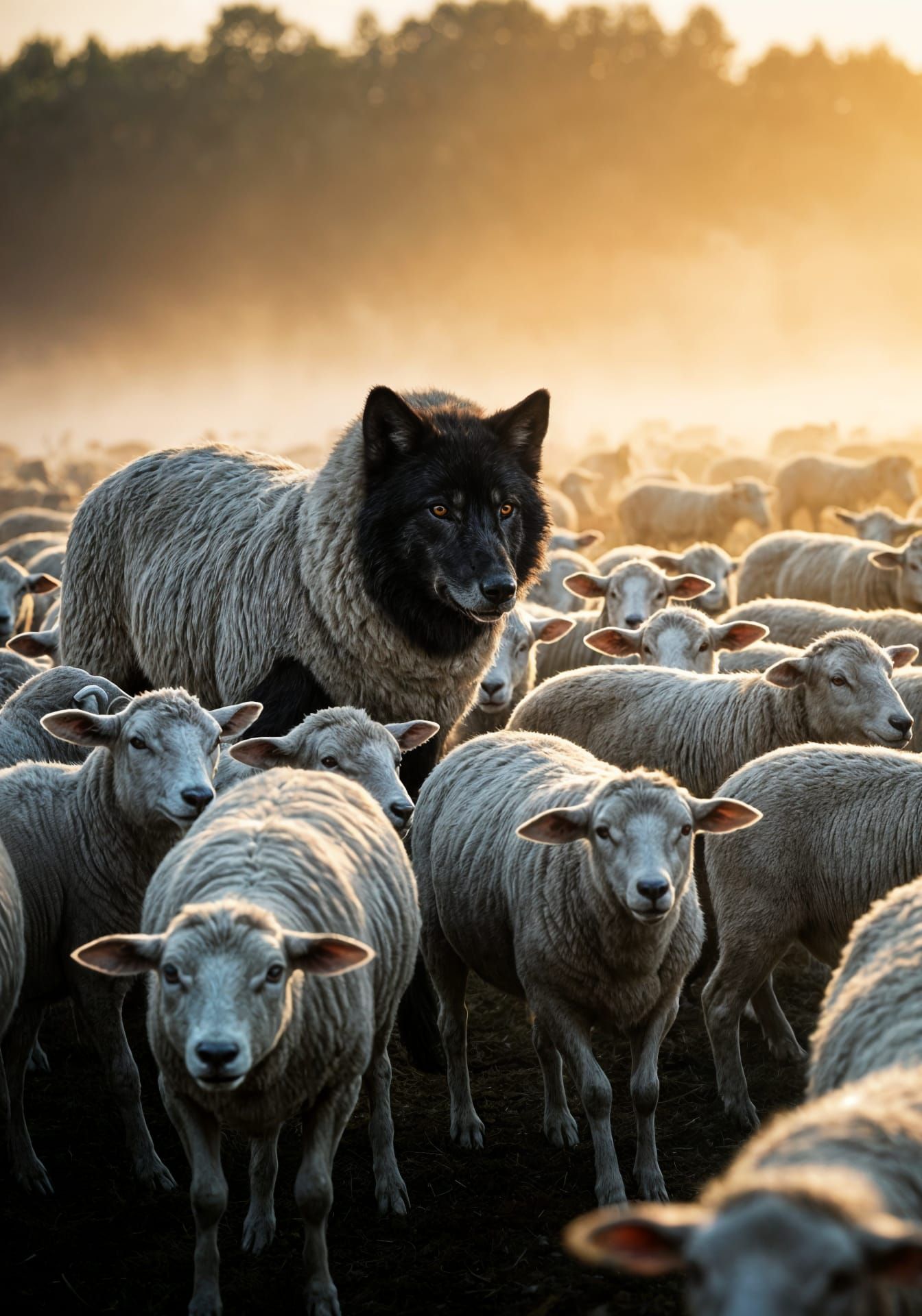 Realistic Wolf in Sheep Costume, Cinematic Photography
