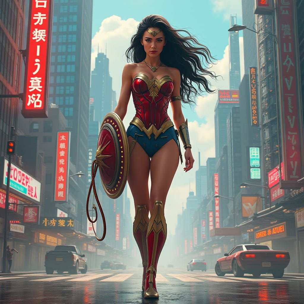 Wonder Woman in Neon Retro Futuristic Metropolis