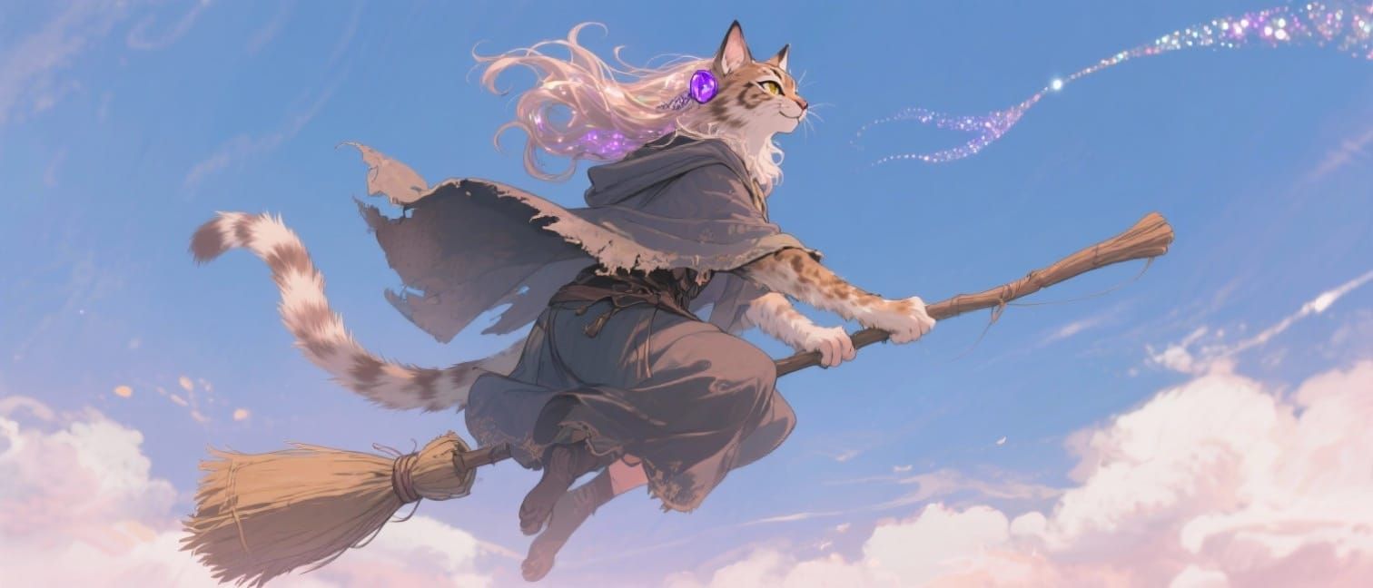 Enchanting Anime Lynx Witch Flies Broomstick
