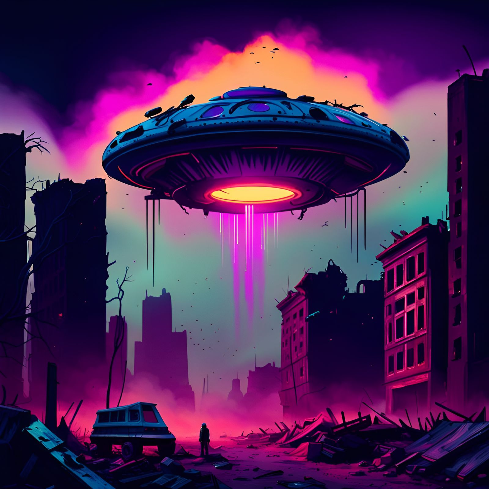 A UFO landing in Post-Apocalyptic City