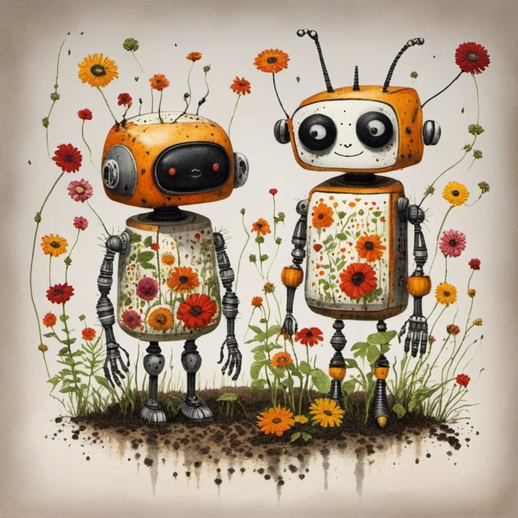 Cute Robots in a Flower Garden