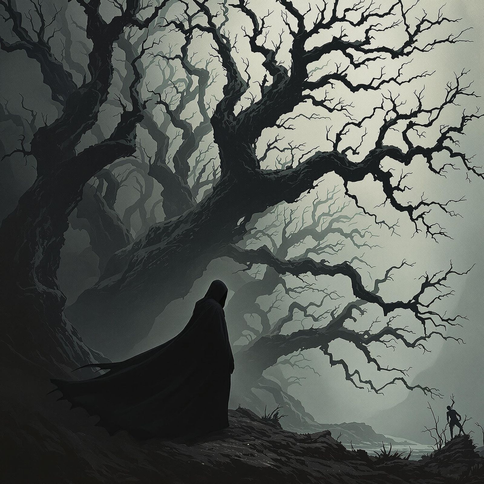 Foreboding Figure in a Dark, Ominous Forest Landscape