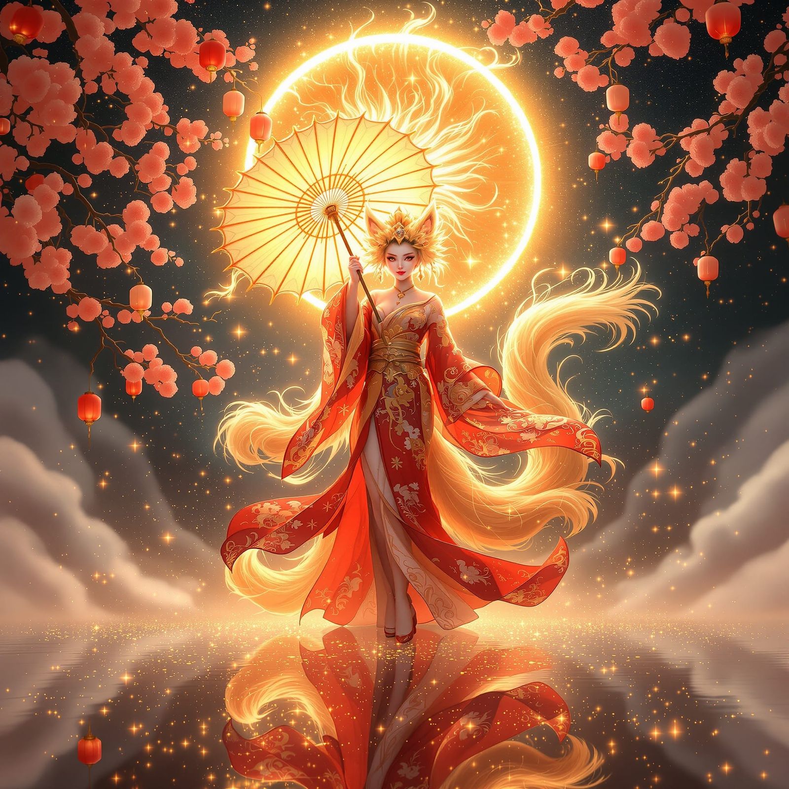 Golden Kitsune Goddess with Sun Halo