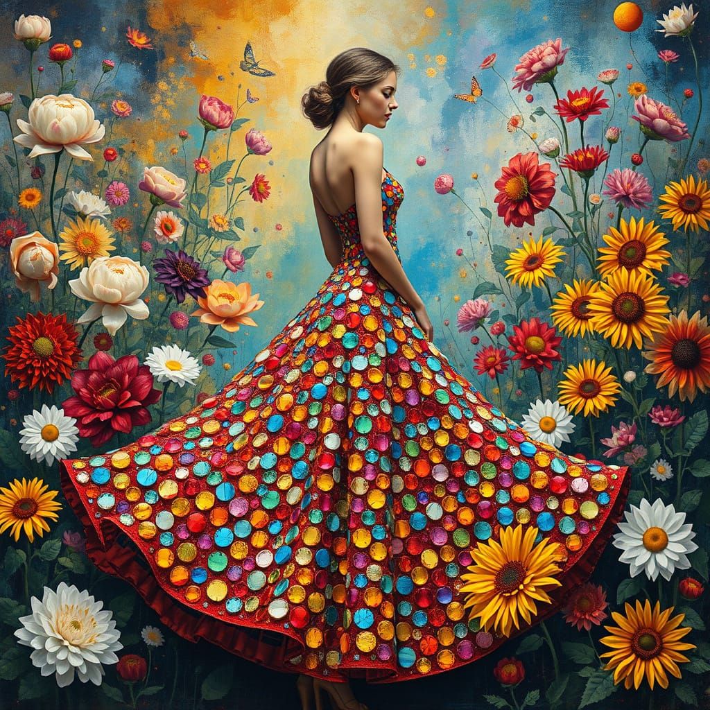 Woman in Mirrored Dress Amidst Vibrant Flowers in Neo-Impres...