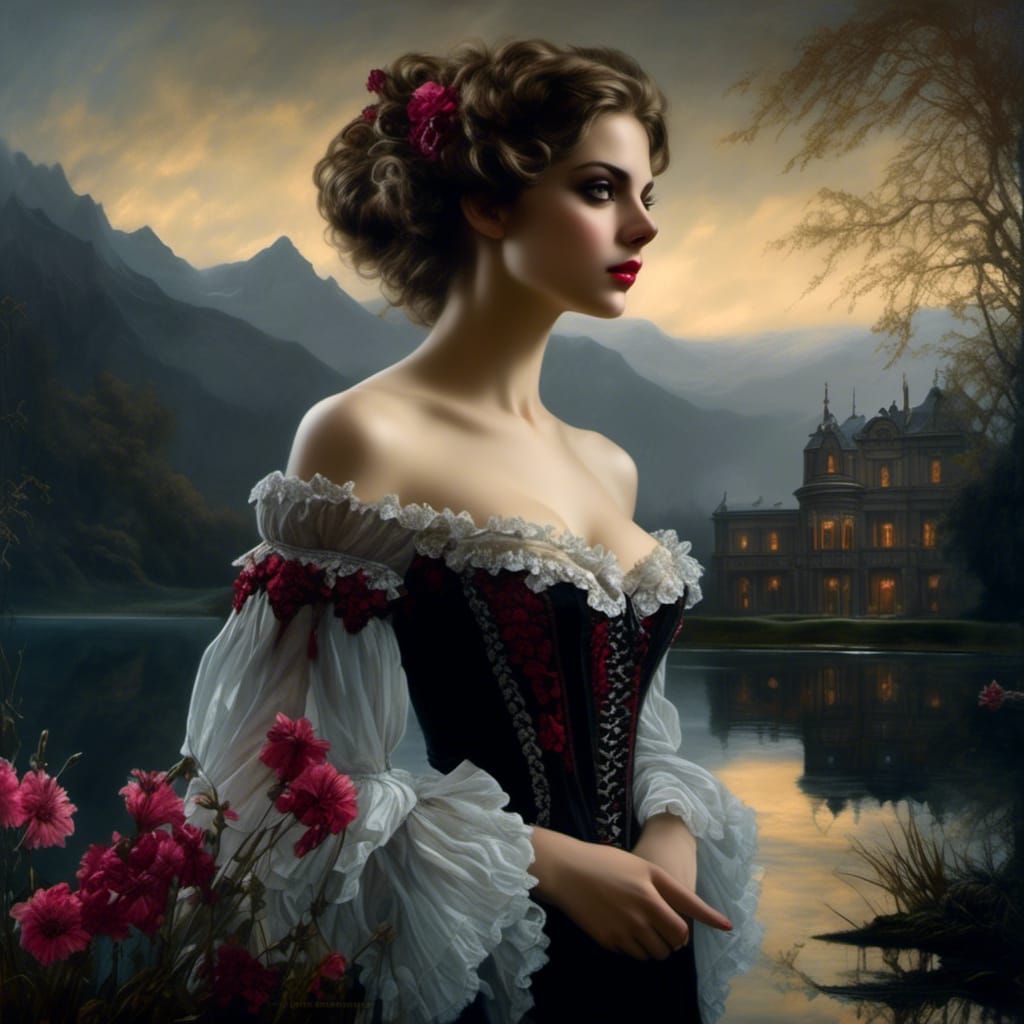 Dreamy Woman by Lake in Rococo Horrorcore Style