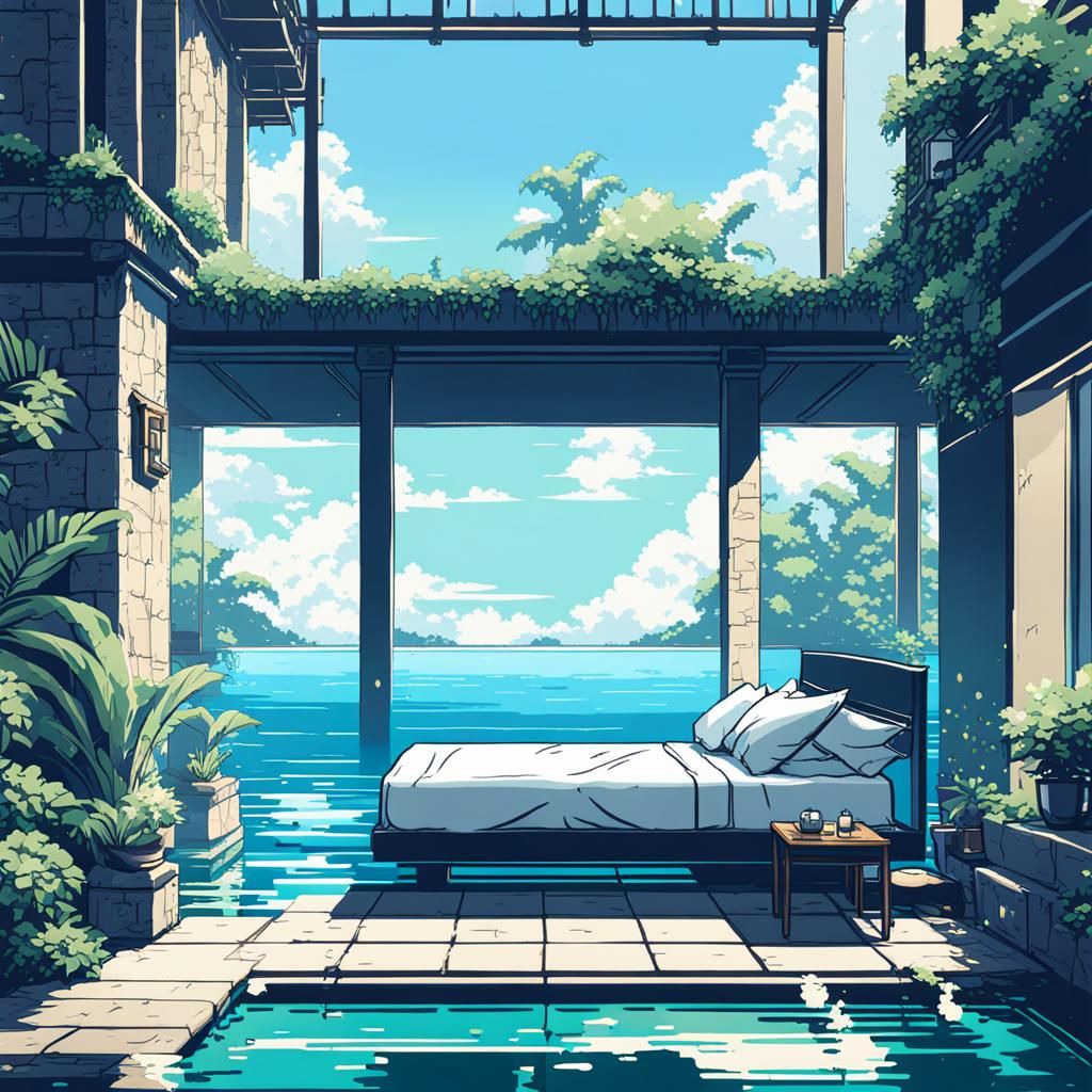 8-Bit Pixel Bedroom Overlooking Tropical Lagoon