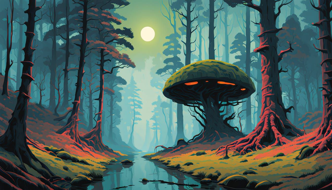 Ethereal Moonlit Forest Scene in Vibrant Artistic Style