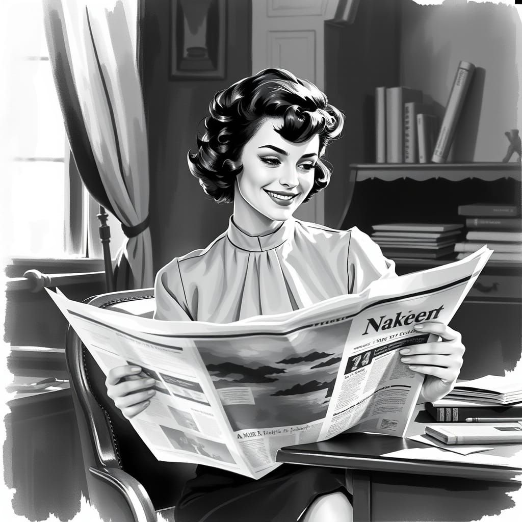 Woman in Contemplative Monochrome Pose, 1950s Smile, Waterco...