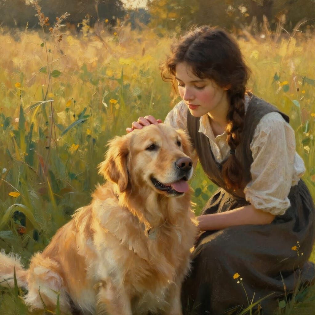 Woman and Golden Retriever in Sun-Dappled Meadow Oil Paintin...