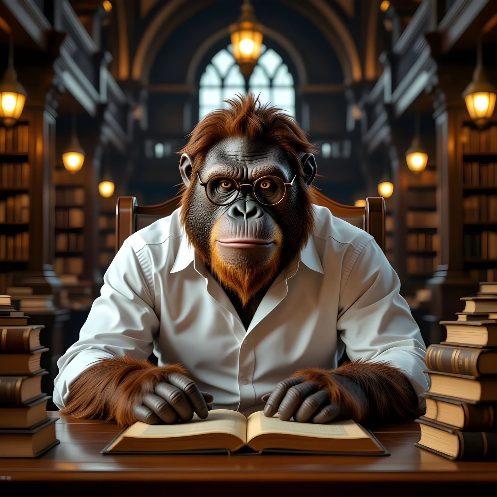 Cinematic Realism Orangutan Librarian in Gothic Library